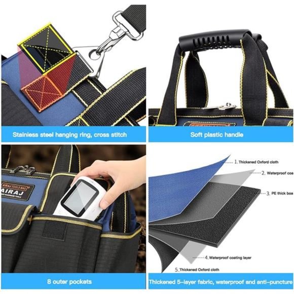 18 Inch Tool Bag, Double Waterproof Fabric Large Tool Bag w/ Soft Padded Handle - Picture 3 of 6